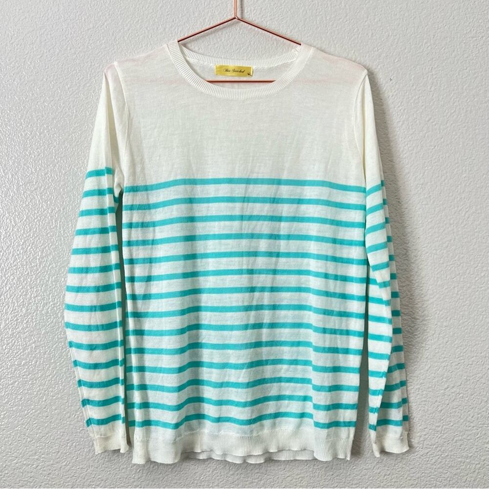 Francesca’s Collection Bee Stitched striped sweater ivory cream aqua green